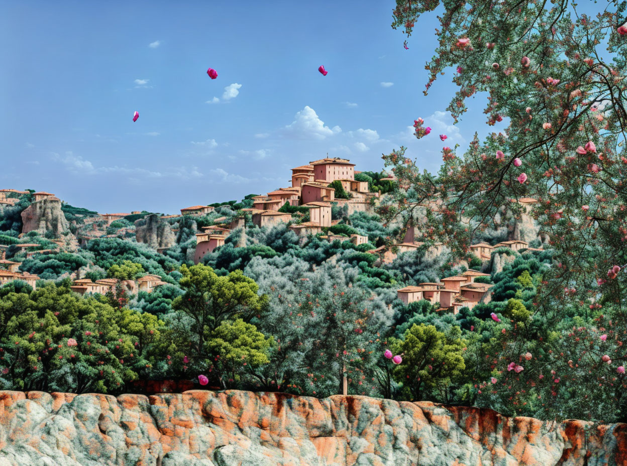 Scenic hilltop village with greenery and flowers under blue sky