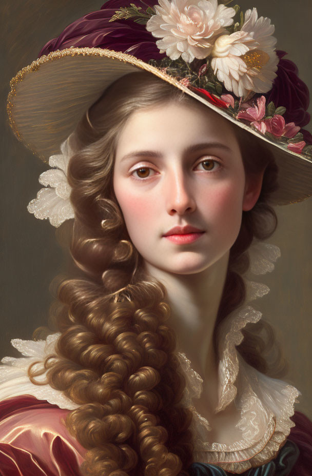 Portrait of Woman with Wavy Hair in Floral Lace Hat