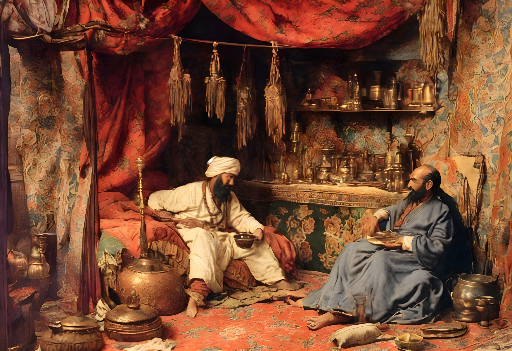 Traditional Middle Eastern Attire: Tea Discussion in Ornate Room