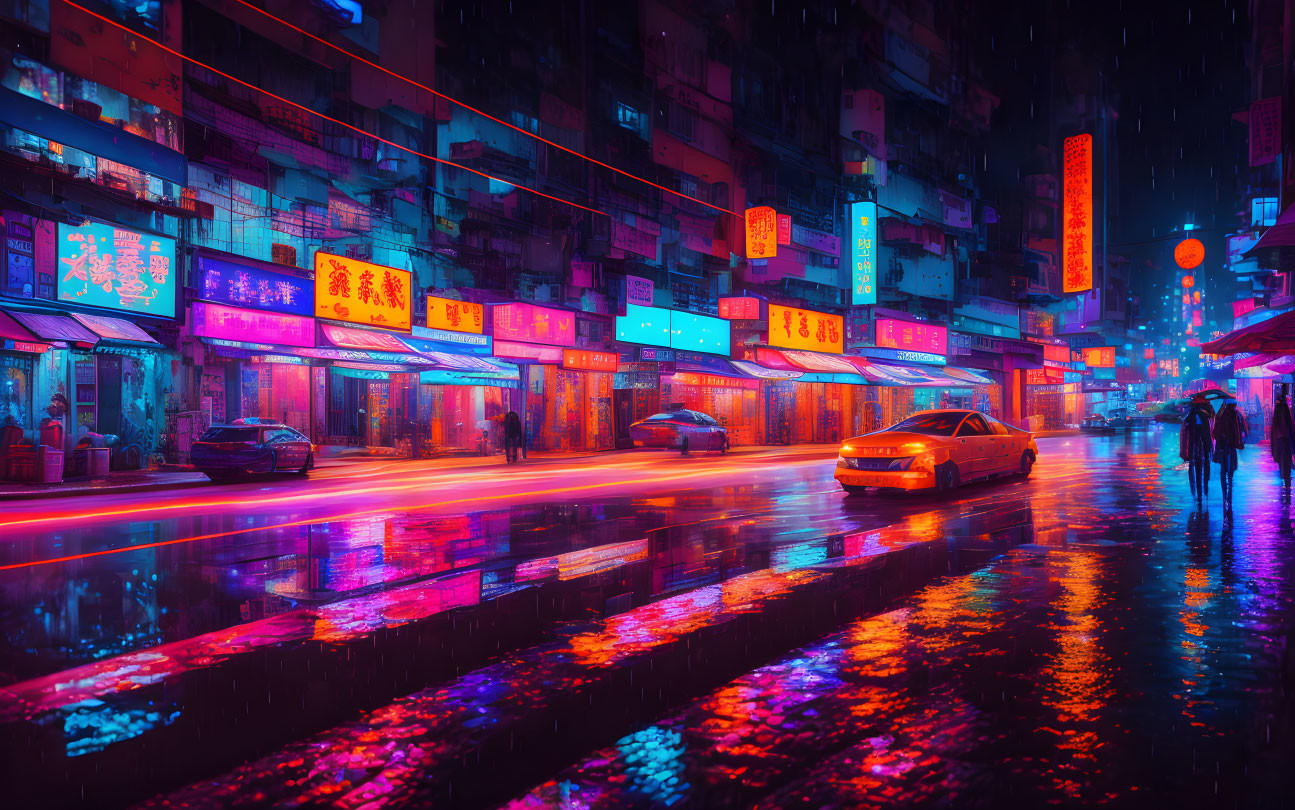 Neon-lit city street at night with wet pavement and blurred motion