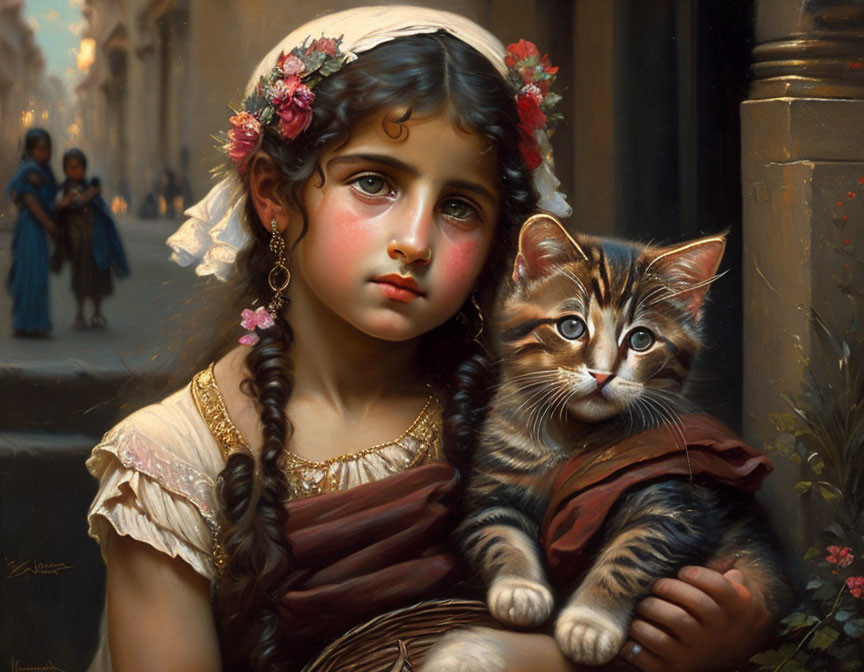 Portrait of young girl with braided hair, flowers, and kitten, two figures in background.