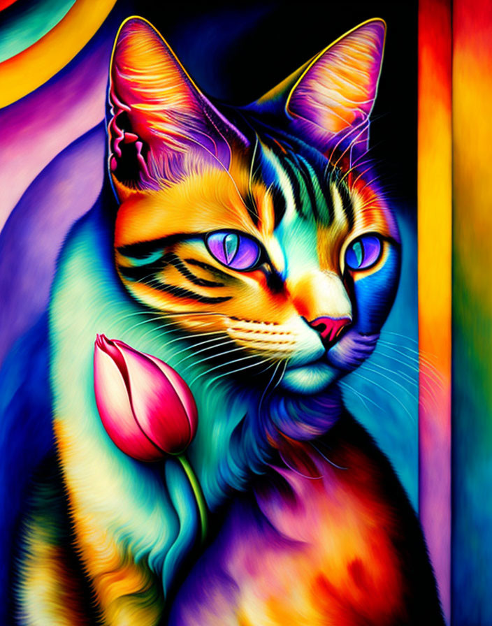 Colorful digital painting: cat with blue eyes & psychedelic background.