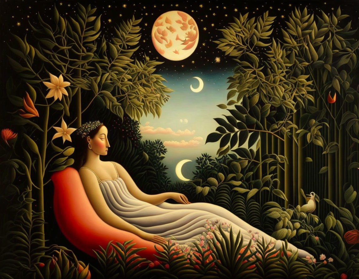 Moonlit garden scene with reclining woman among lush foliage