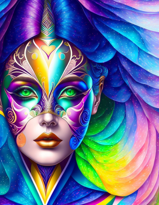 Colorful illustration: Woman with ornate mask and flowing, multicolored hair.