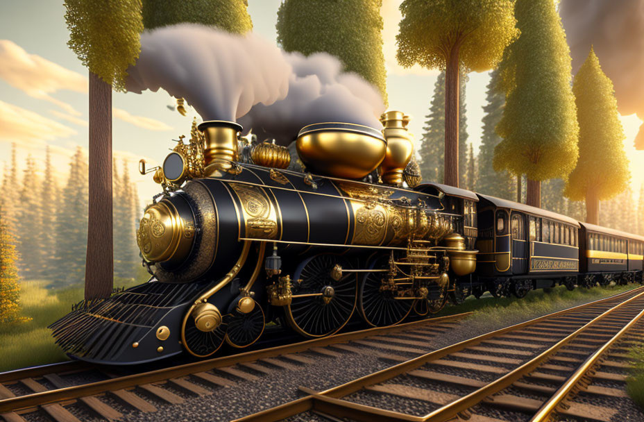 Vintage Steam Locomotive Travels Through Forest with Sunlight Filtered Trees