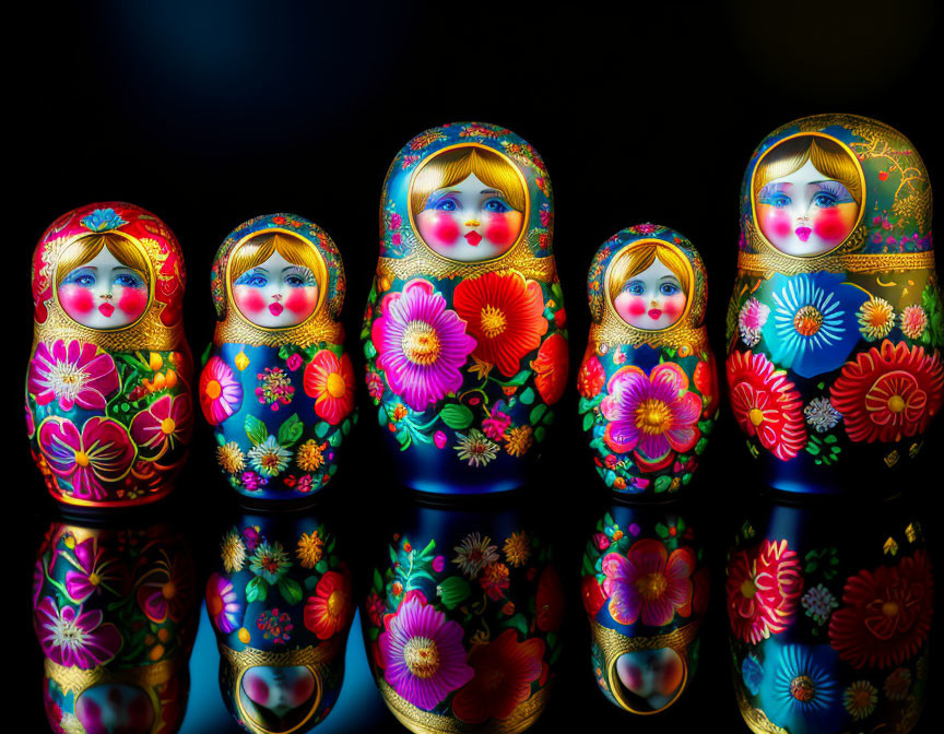 Row of Colorful Russian Matryoshka Dolls with Intricate Floral Patterns