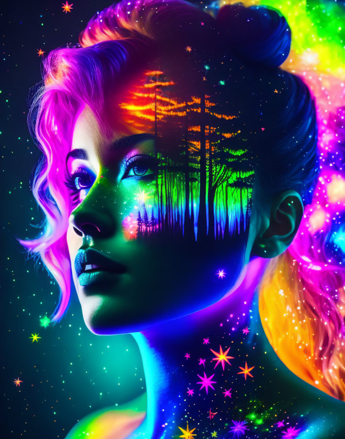 Colorful portrait of woman with neon hair and forest silhouette on face