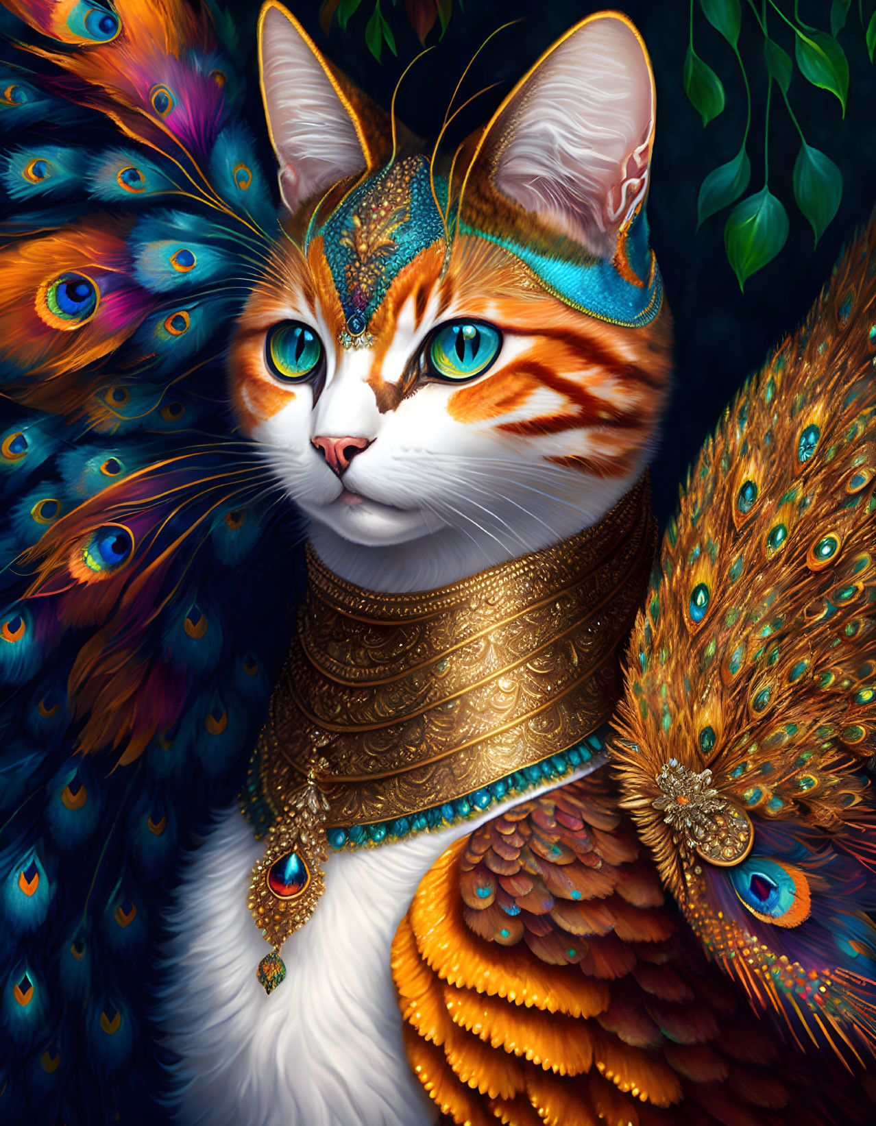 Majestic cat illustration with peacock-themed adornments