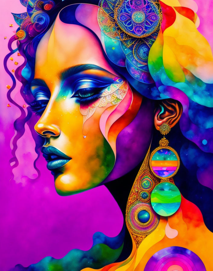 Colorful digital artwork featuring woman with vibrant skin tones and intricate mandala headpiece.