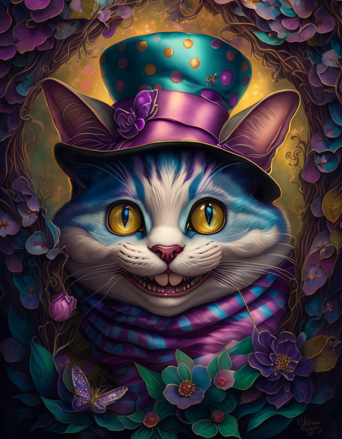 Whimsical Cheshire Cat with Striped Hat, Flowers, and Butterflies