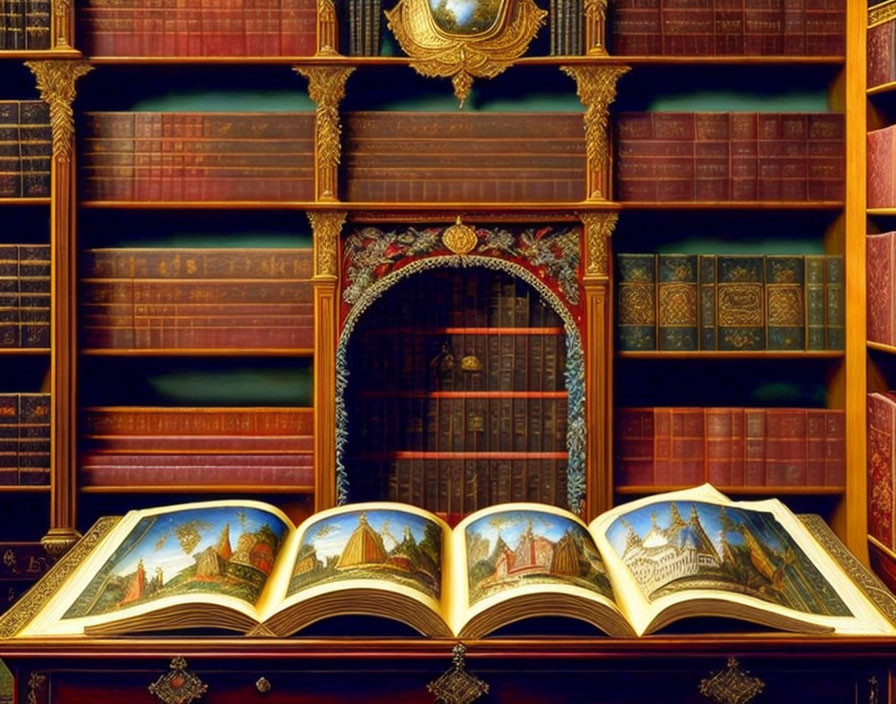 Ornate library with reflective mirror and open book showcasing cityscape illustrations