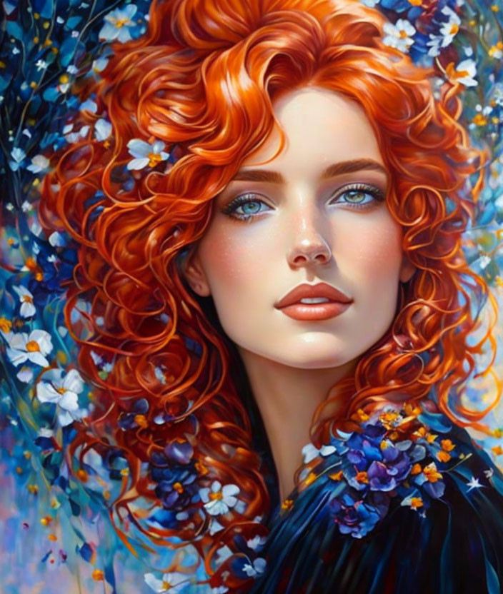 Colorful portrait of woman with red curly hair and blue eyes among flowers