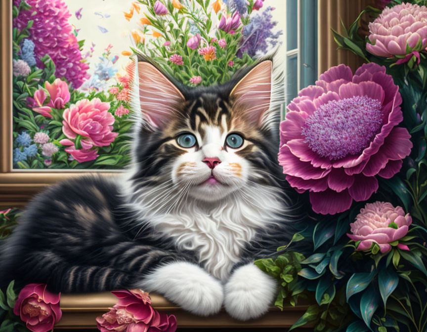 Fluffy Tabby Cat with Blue Eyes Among Pink and Purple Flowers