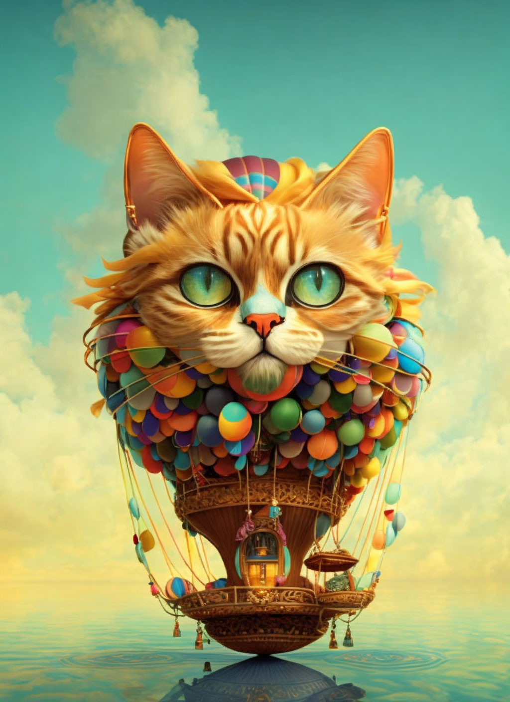 Whimsical hot air balloon: Giant cat's head with colorful balloons in dreamy sky