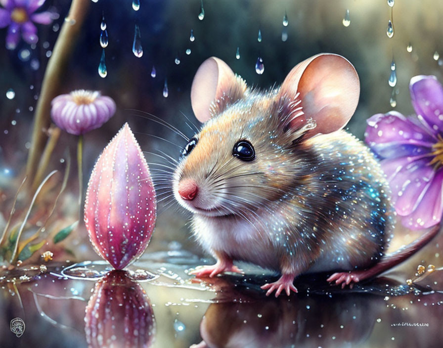 Realistic Mouse Illustration in Rain with Pink Bud and Purple Flowers