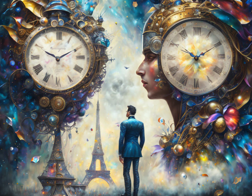 Man in surreal scene with gigantic clocks and Eiffel Tower