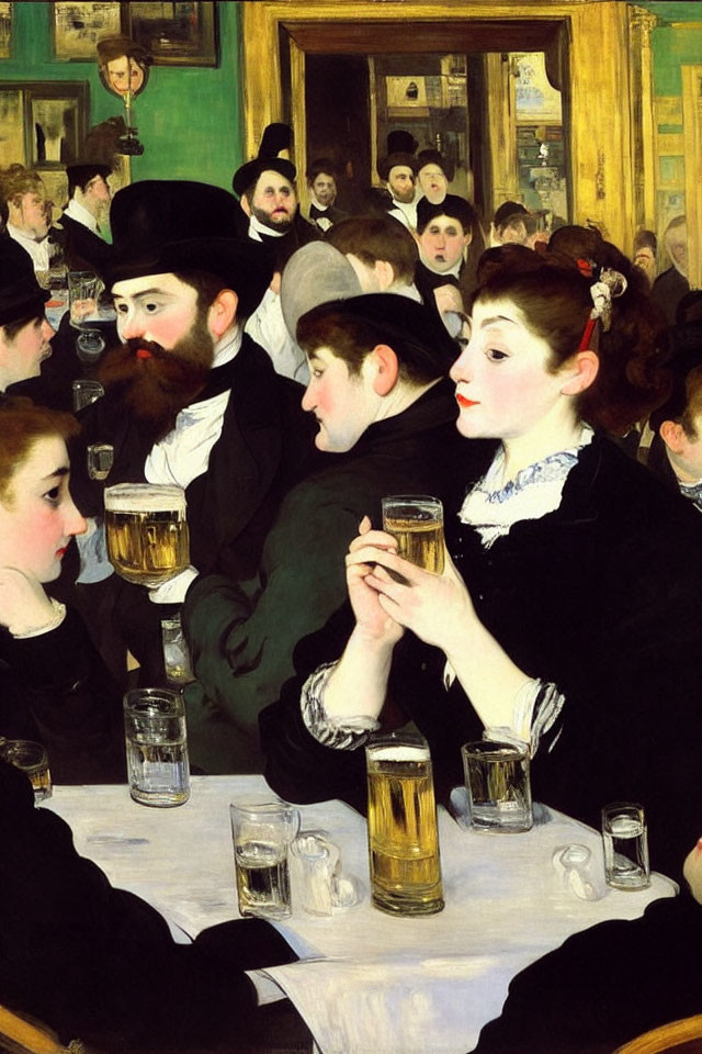 19th-Century French Café Scene with Elegant Patrons Drinking Beer