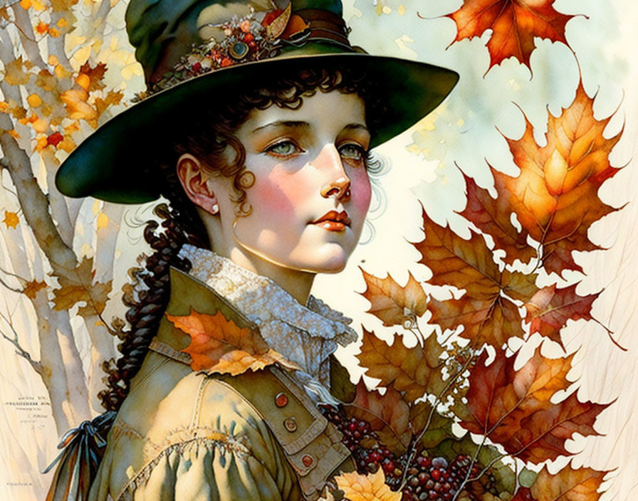 Victorian woman portrait in green hat with autumn leaves and warm colors