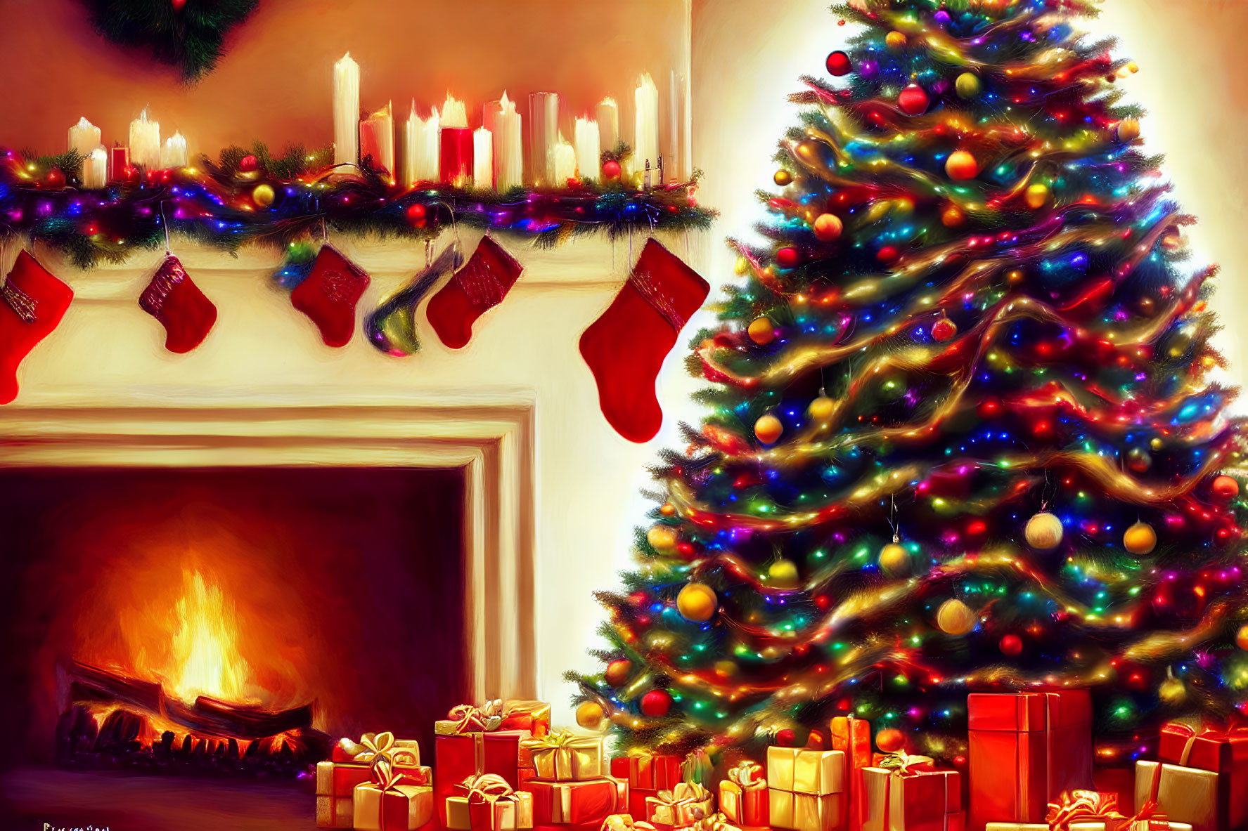 Festive Christmas scene with decorated tree, stockings, fireplace, and gifts