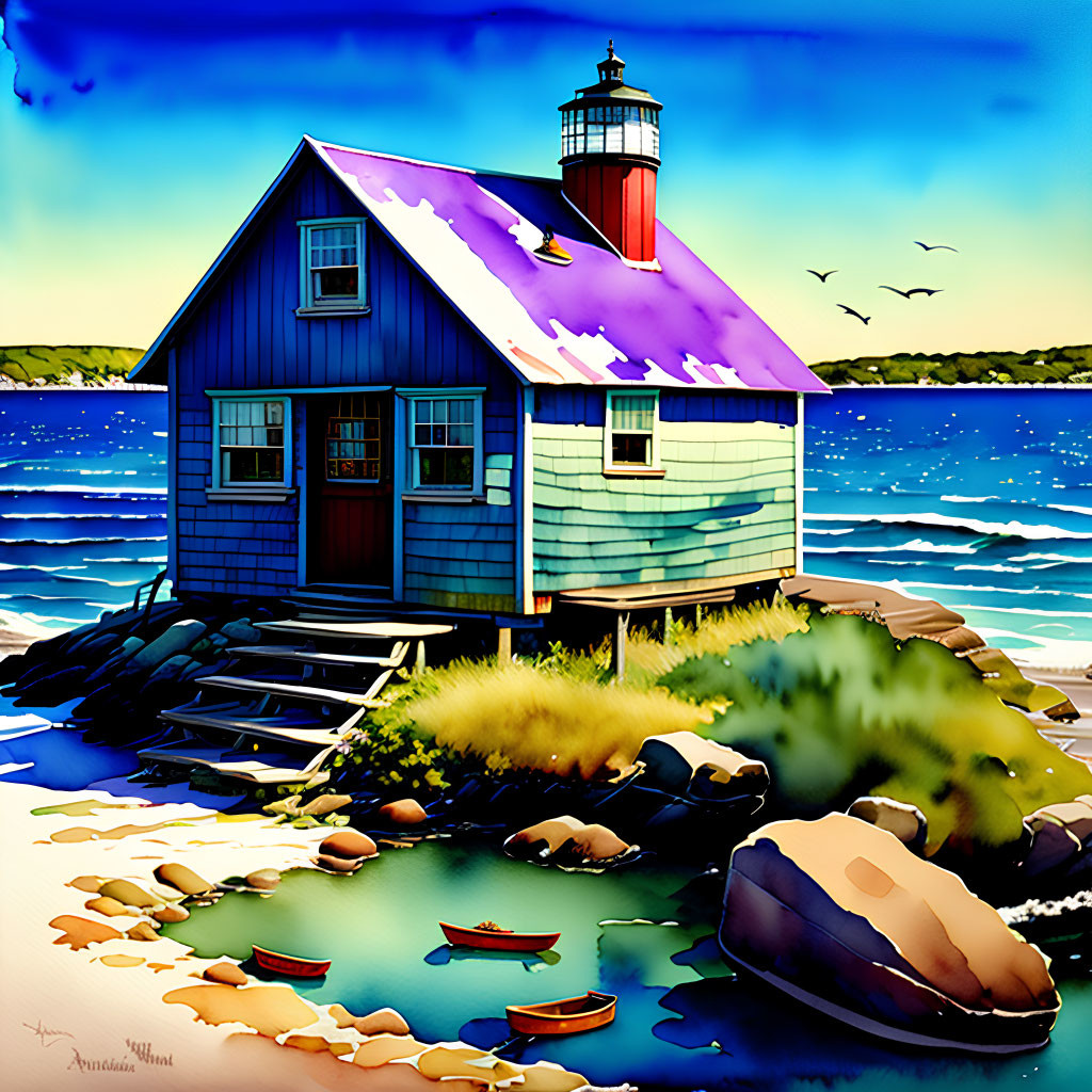 Vibrant coastal scene with lighthouse, blue house, rocks, sea, boats, and se