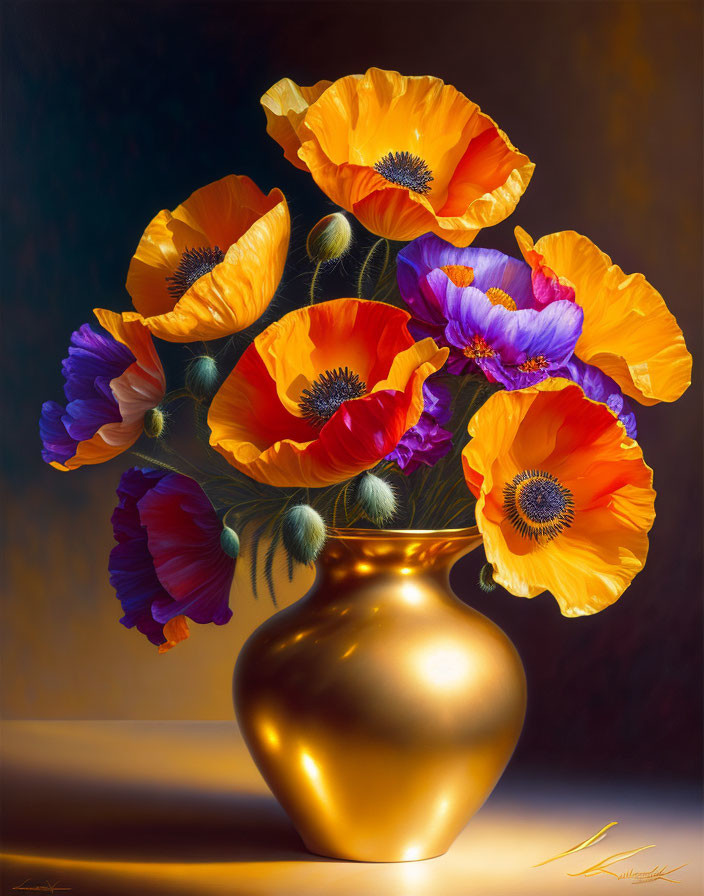 Colorful Orange and Purple Poppies in Golden Vase on Dark Background