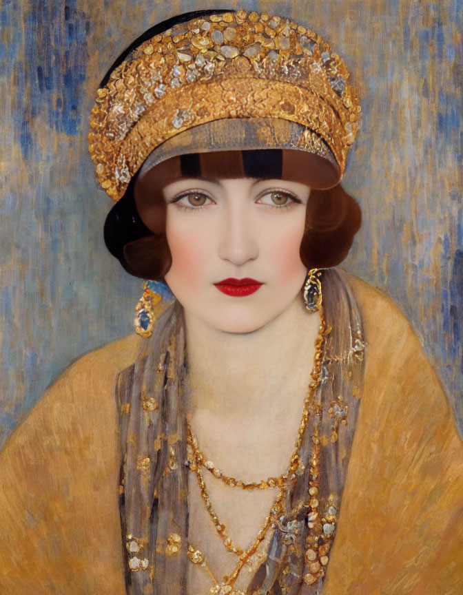 1920s Style Portrait of Woman with Beaded Headband and Golden Shawl