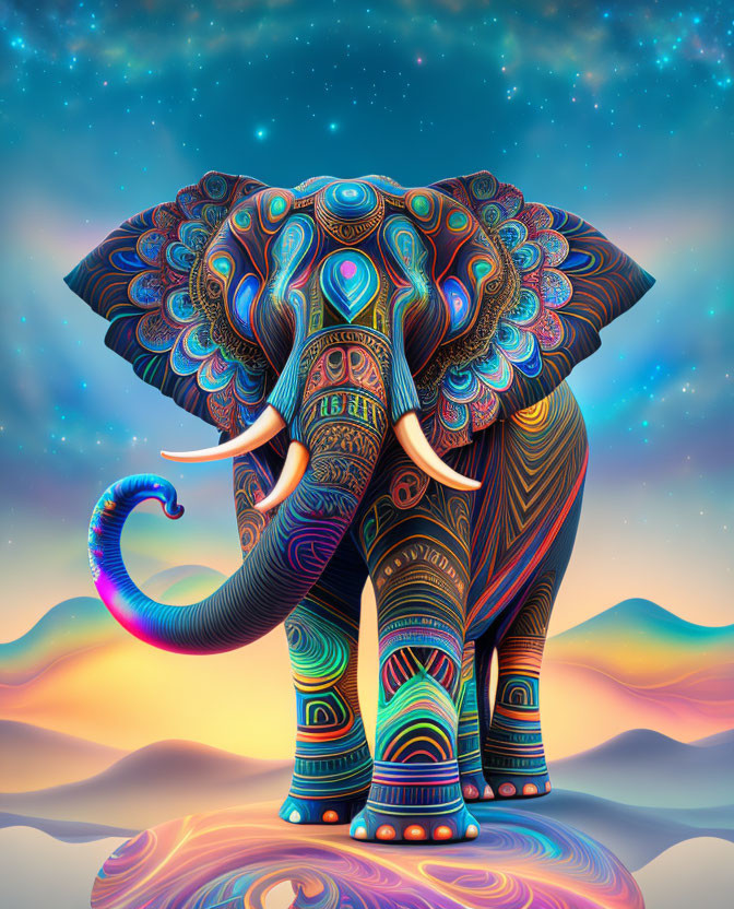 Colorful Psychedelic Elephant Illustration with Cosmic Background