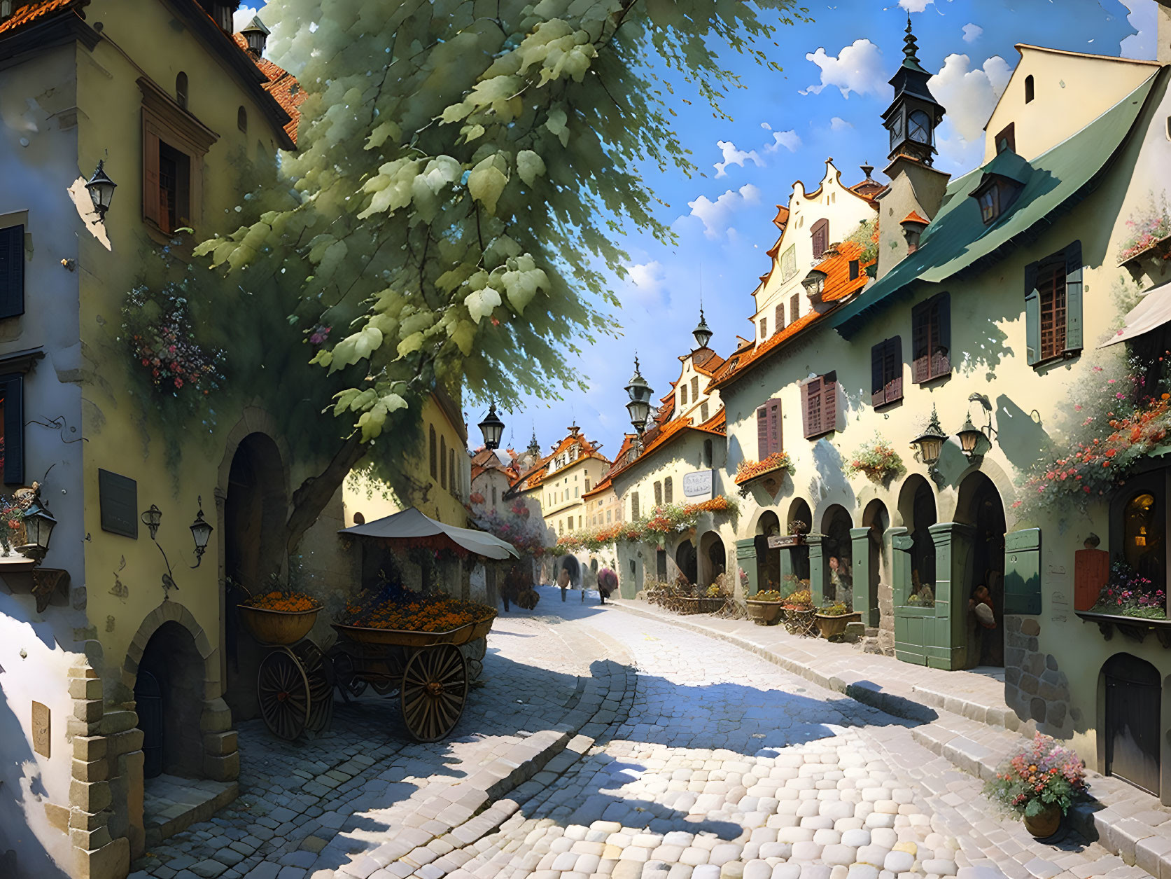 Charming cobblestone street with old-world buildings and blossoming trees