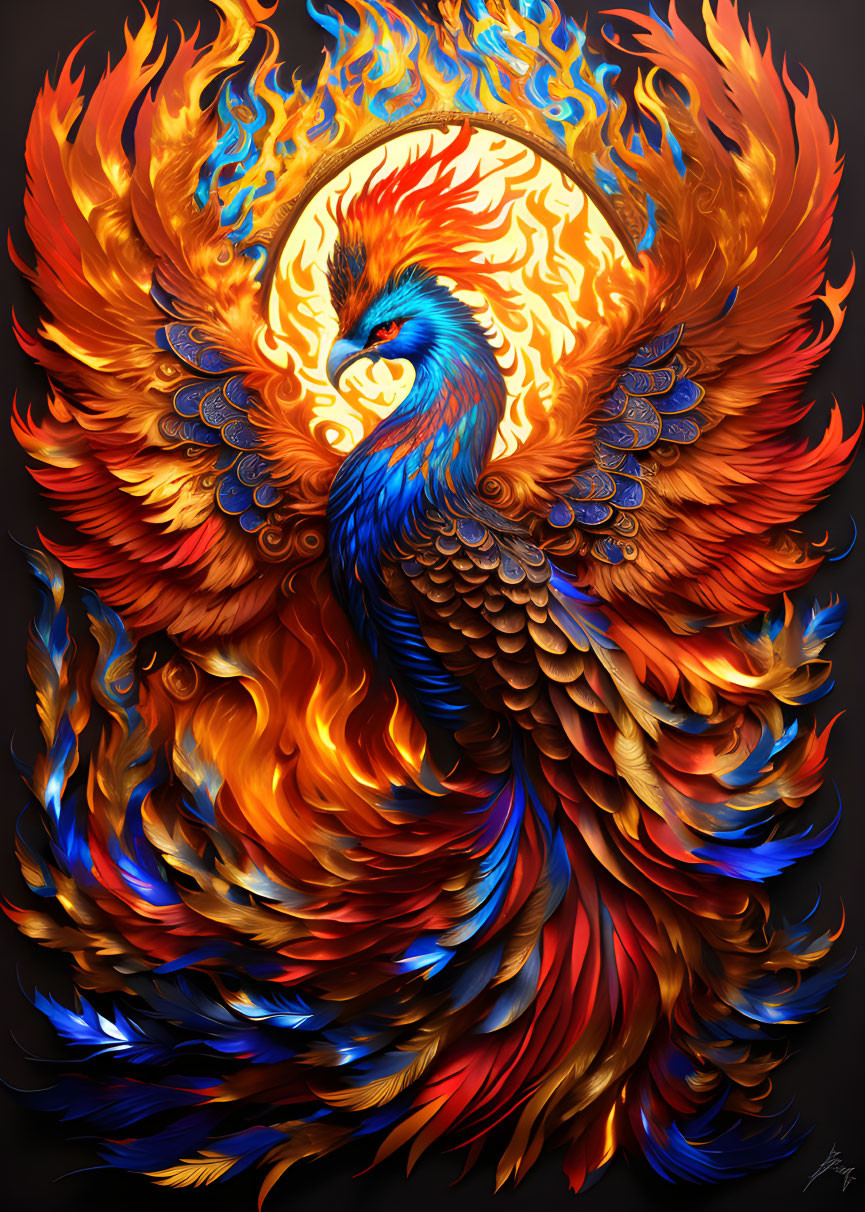 Colorful Phoenix Illustration with Fiery Wings and Golden Sun