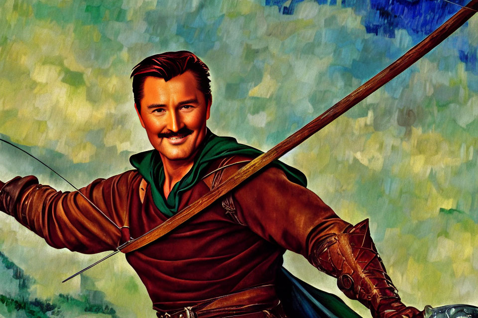 Illustration of mustachioed archer in green tunic drawing longbow