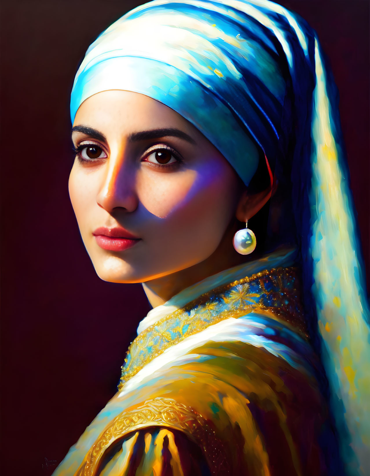 Portrait of a Woman in Blue Headscarf and Pearl Earring on Dark Background