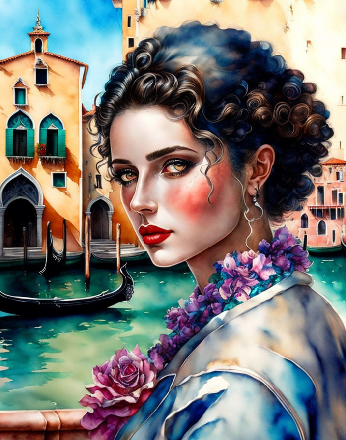 Colorful portrait of woman with curly hair in Venetian setting