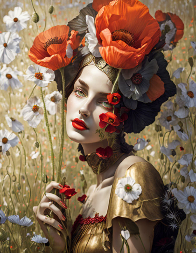 Woman with vibrant poppy flower headpiece in serene flower field