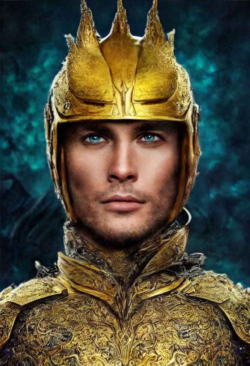 Man in ornate golden helmet and armor against turquoise backdrop