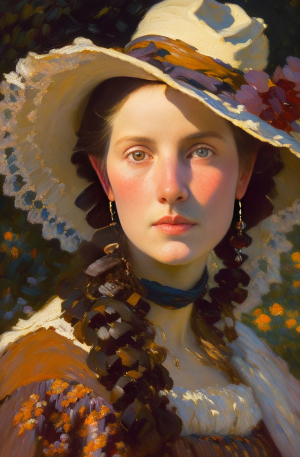 Woman in Broad-Brimmed Hat with Floral Decor, Earrings, and Choker against Sunlit