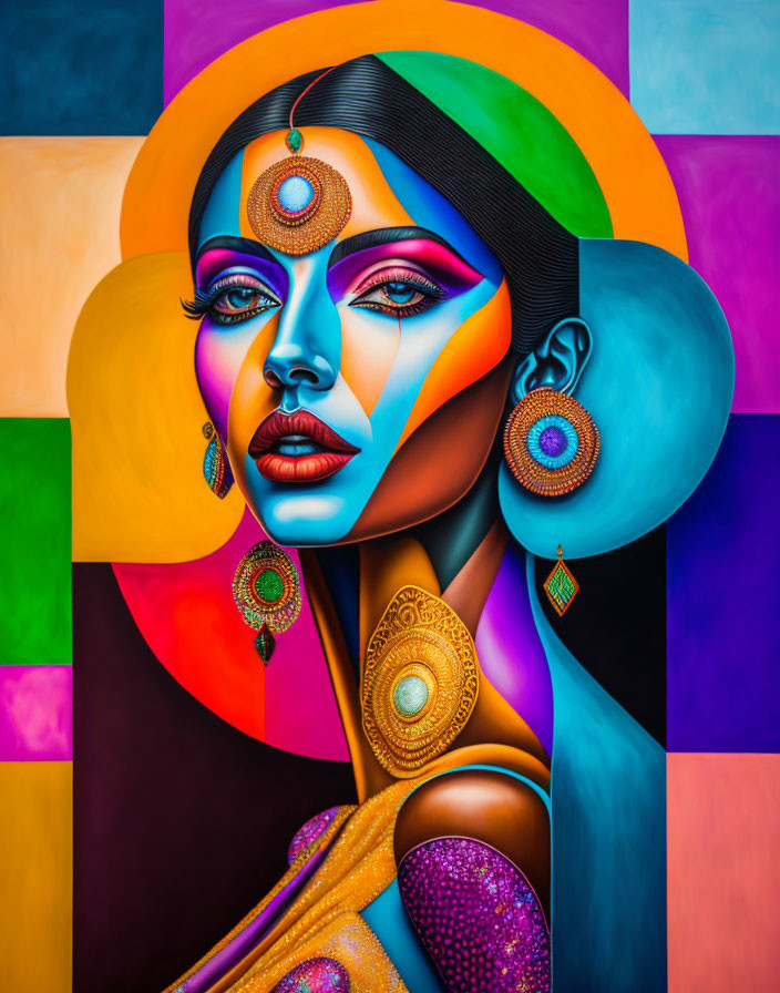 Colorful Woman Portrait Against Geometric Background