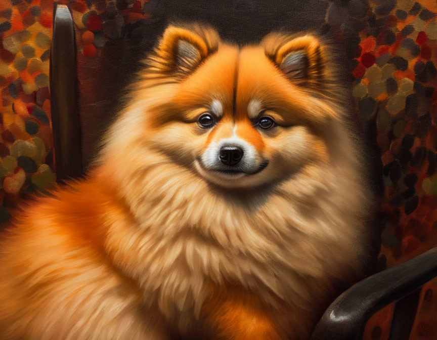 Fluffy golden-brown Pomeranian dog on brown and orange backdrop