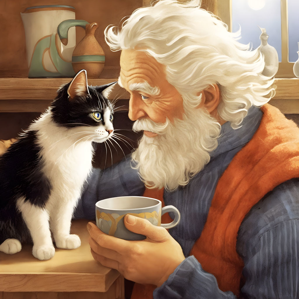 Elderly man smiling at a cat with a mug indoors