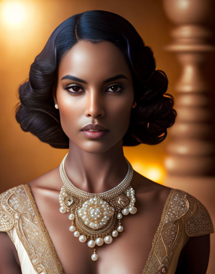 Vintage hairstyle woman with pearl necklace on golden backdrop