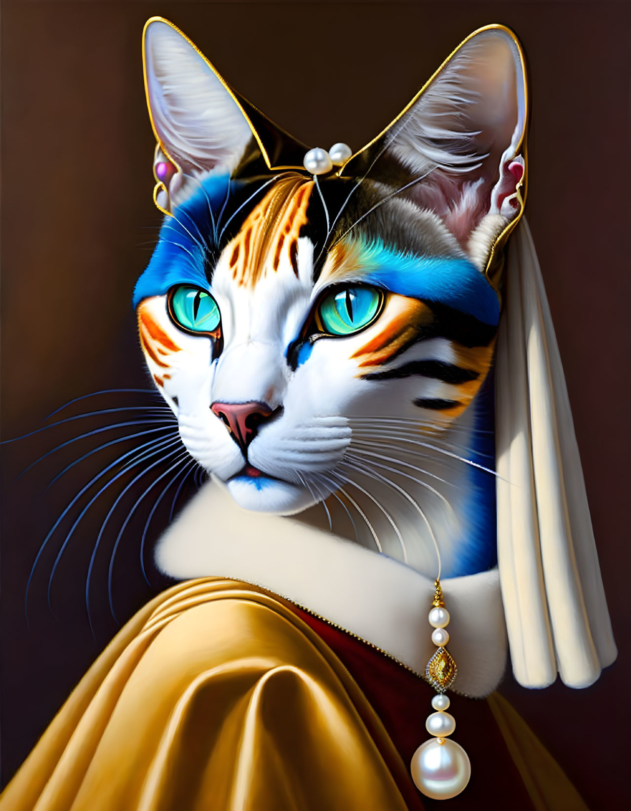 Cat with human-like features in elegant attire with pearl accessories