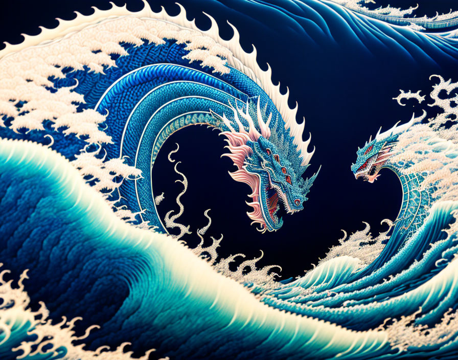 Ornate dragons in dynamic blue and white swirls