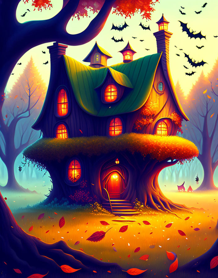 Cozy multistory treehouse at twilight with autumn scenery