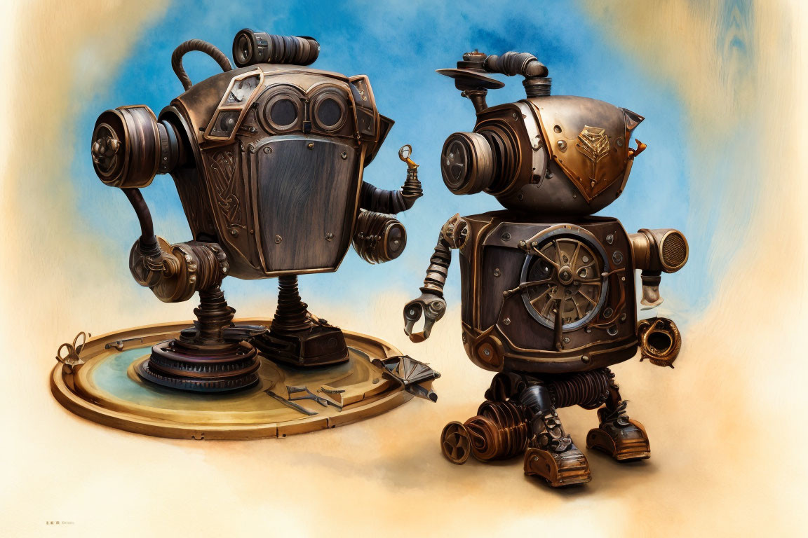 Metallic steampunk robots in quirky designs facing each other