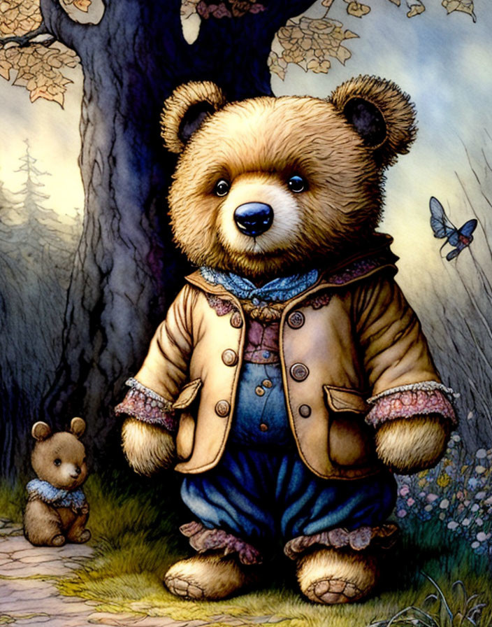 Large Plush Teddy Bear in Blue Coat with Small Teddy Bear in Whimsical Forest Setting