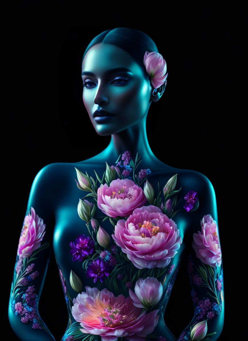 Blue-skinned woman adorned with pink and purple flowers on dark background