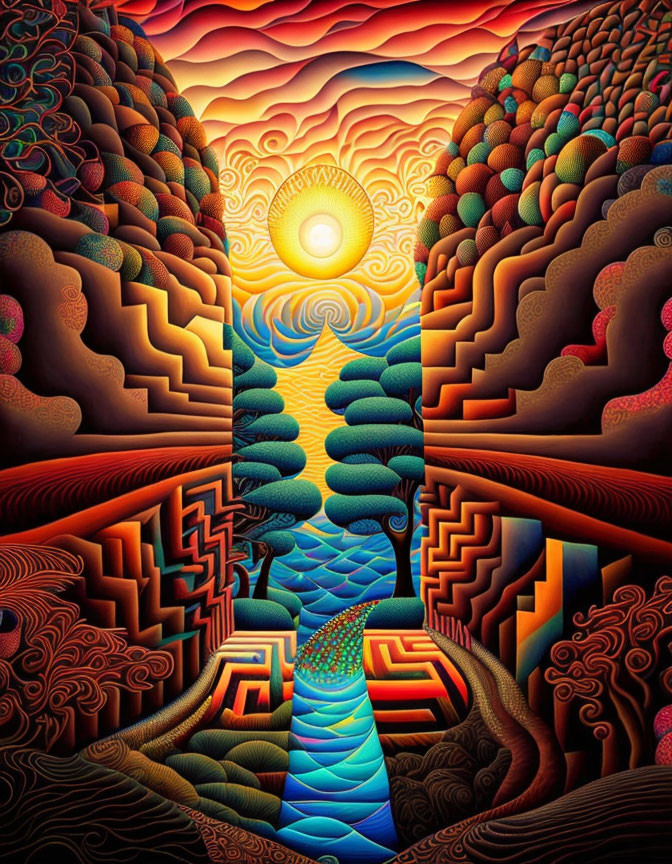 Symmetrical psychedelic landscape with trees and sun path