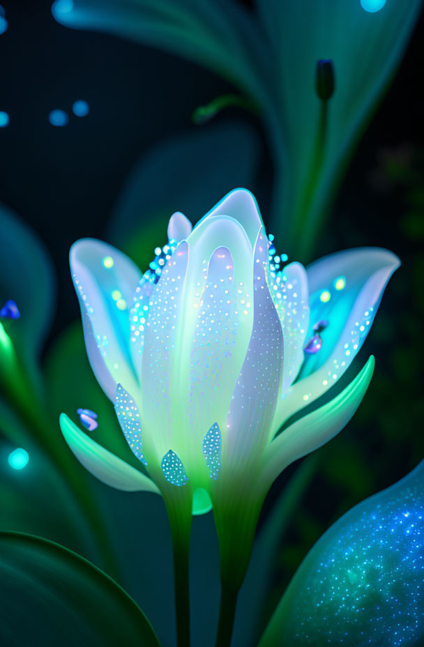 White Flower with Glowing Edges and Neon Leaf Patterns on Dark Background