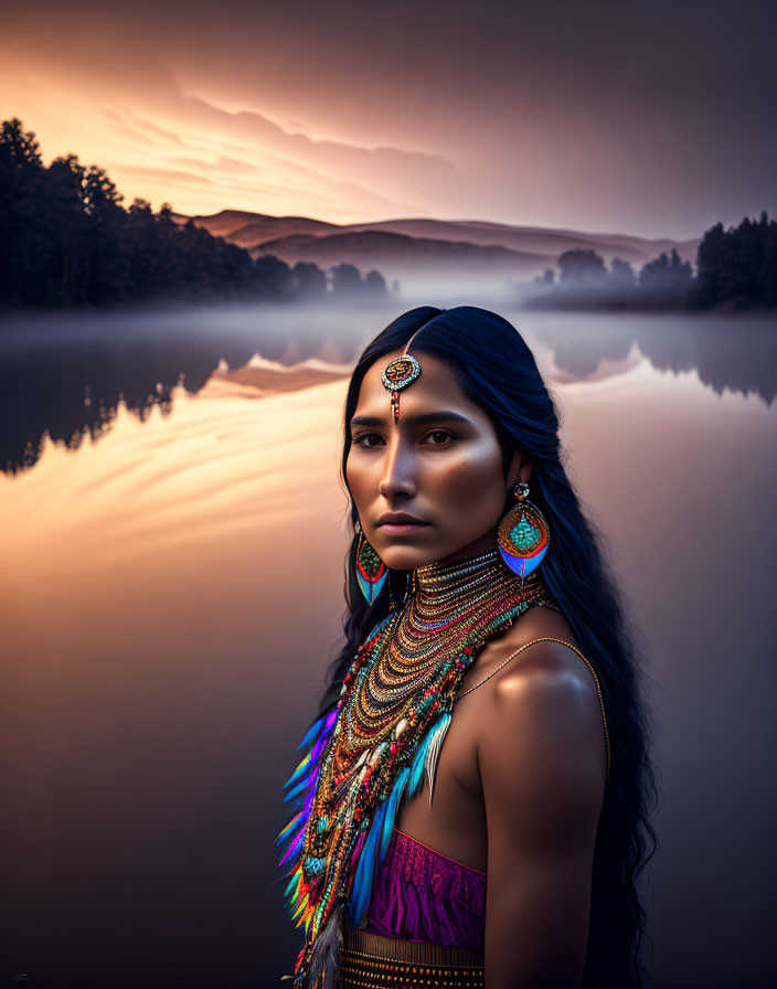 Traditional Attire Woman by Calm Lake at Sunset