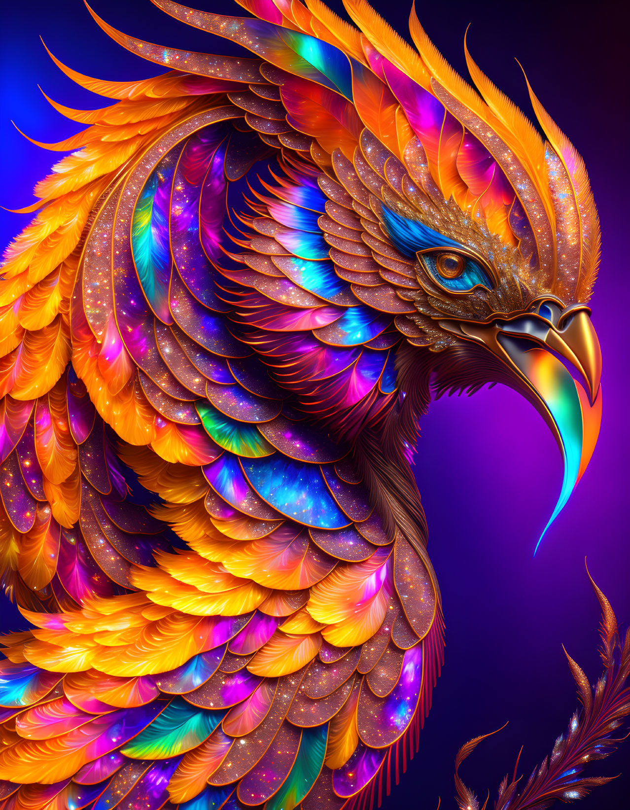 Colorful Phoenix Illustration with Orange and Blue Plumage on Purple Background