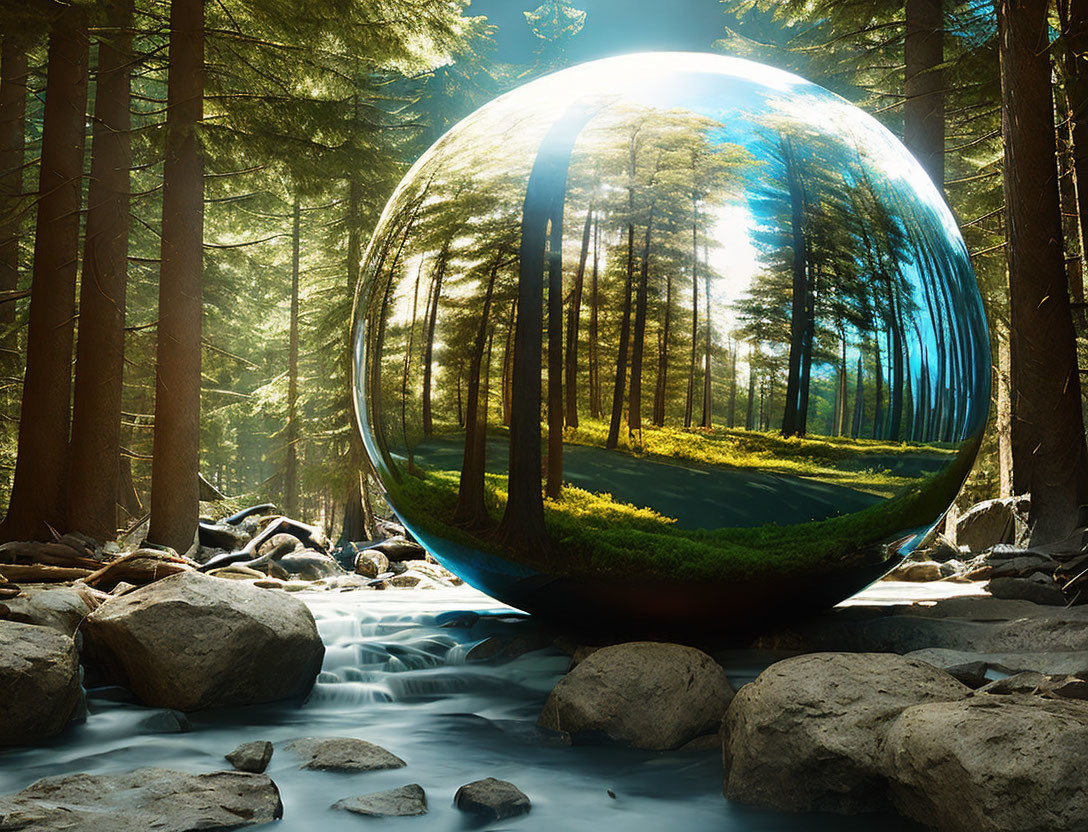 Spherical reflective object distorting forest and stream with sunbeams